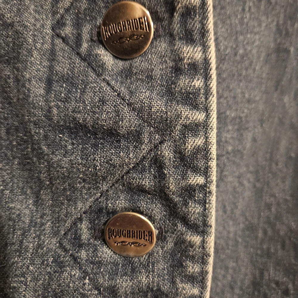 ROUGHRIDER Vintage 90s Denim Button Up Crop Top with Frayed Sleeves Womens SZ M - Picture 3 of 8